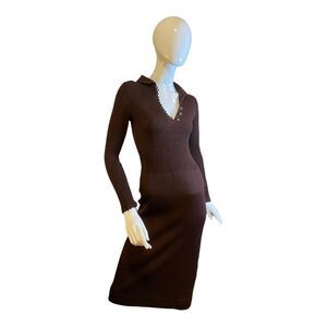 Vintage 60s Goldworm Knit Ribbed Crochet MIDI Chocolate Brown Sweater Dress XS